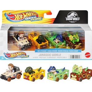 Hot Wheels Speelgoedauto's, RacerVerse Set van 4, metalen voertuigen met personages uit Jurassic World als chauffeur: Charlie, Owen, Dilophosaurus en Allosaurus, HKD32