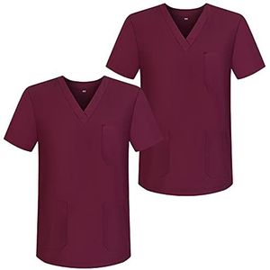 MISEMIYA - Set van 2 - Unisex gezondheidstas uniformen V-hals korte mouwen uniformen laboratoria - Ref. 817 x 2, Granaatrood 68, XS
