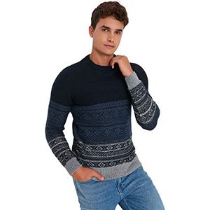 Trendyol Mannen ronde hals geometrische patroon normale trui sweatshirt, marine blauw, M, marineblauw, M