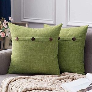 MIULEE Kussenhoezen, 2-delige set decoratieve kussenhoezen in linnenlook, met knopen, voor bank, slaapkamer en woonkamer, 40 x 40 cm, groen