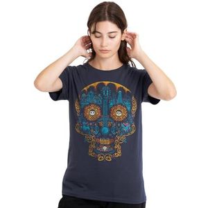 Coco Kleurrijke Dag van de Dode Schedel met Miguel en Dante Dames T-shirt, Deep Navy, Large, Diepe marine, L