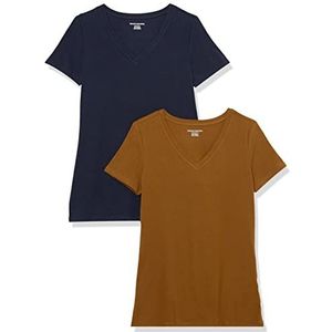 Amazon Essentials Women's T-shirt met korte mouwen en V-hals in klassieke pasvorm, Pack of 2, Donker kastanjebruin/Marineblauw, XS
