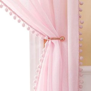 MIULEE Gordijn met kwastjes, roze met oogjes, 2 stuks (2 x 140 x 175 cm), mooie decoratieve gordijnen voor slaapkamer, baby, meisjes, raamgordijn, voor binnen, woonkamer, kindergordijn met pluche bal
