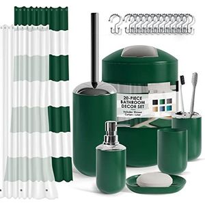 Hunter Green badkamer accessoires set, 9-delige badkamerset met douchegordijn set voering en 12 haken, zeepdispenser en schotel, tandenborstelhouder met beker, toiletpot borstel en houder, prullenbak