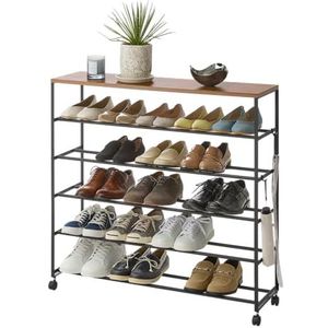 YAMAZAKI Home Rolling 5-Tier Rack, frame met houten blad, ruimtebesparende schoenenorganizer op wielen | staal + hout, eenheidsmaat zwart