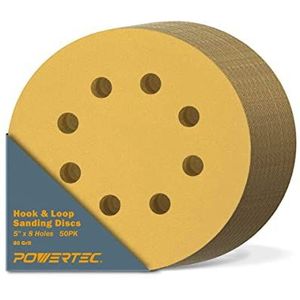 POWERTEC 50 stuks 80 korrel - 5 inch 8 gaten haak en lus schuurschijven, 5 inch schuurschijven voor auto's, gipsplaten, houtbewerking met excentrische schuurmachine, DA schuurmachine,