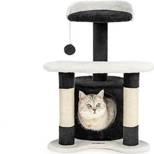 lionto krabpaal voor katten met hol & pluche bal, hoogte 65 cm, middelgrote krabpaal met robuust sisal & pluche, comfortabele ligplaats & hol, geschikt voor kleine en grote katten, zwart/wit