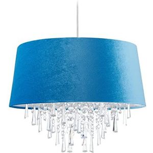 Relaxdays hanglamp met kristallen, plafondlamp met fluwelen lampenkap, HxØ: 140 x 45,5 cm, E27-fitting, in het blauw