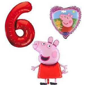 Ballonset Peppa Pig Pig Pig Peppa folieballon, getal 6 in rood, Peppa met teddyhart