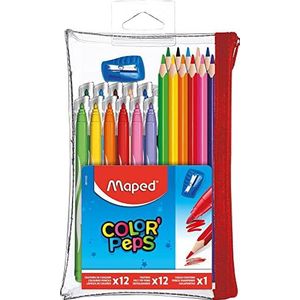 Maped - Pennenetui, gevuld, transparant, Color'Peps – 12 kleurpotloden + 12 wasbare en droge viltstiften + 1 puntenslijper – herbruikbare tas met ritssluiting