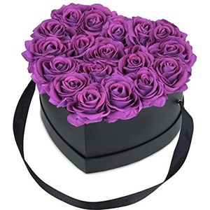 Relaxdays flowerbox hart, 18 rozen, zwarte rozenbox, bruiloft, Valentijnsdag, rozen in doos, decoratie, paars