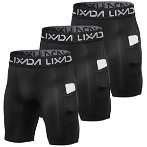 Lixada 3 Pack Compressie Shorts voor Mannen Actieve Workout Ondergoed Base Layer Korte Panty, Allemaal zwart (met zakken), XL