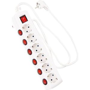 Stekkerdoos, wit, 6-voudig, met enkele schakelaar, overspanningsbeveiliging, inschuifbaar, 1,5 m, kinderbeveiliging
