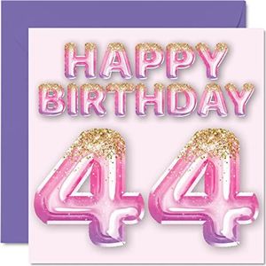 44e verjaardagskaart voor vrouwen - roze en paarse glitterballonnen - gelukkige verjaardagskaarten voor 44-jarige vrouw mama neef vriend zus tante, 145 mm x 145 mm vierenveertig vierenveertigste