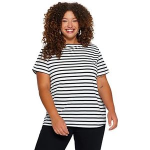Trendyol Dames Regular Fit Basic Boothals Gebreid Plus Size T-shirt, Zwart/Wit, 5XL grote maten