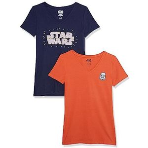 Amazon Essentials Disney | Marvel | Star Wars | Princess Dames T-shirt met korte mouwen en V-hals in klassieke pasvorm, 2-Pack, Star Wars-logo, S