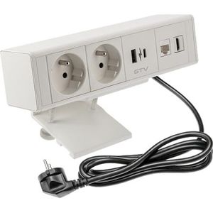 GTV - Meubelcontactdoos BAR, meervoudige stopcontacten, 2 x Frans stopcontact, 1 x USB A, 1 x USB C, 1 x RJ45 1 x HDMI, kabellengte 1,5 m, kleur wit, voor bureaus, tafelblad, keuken en kantoor