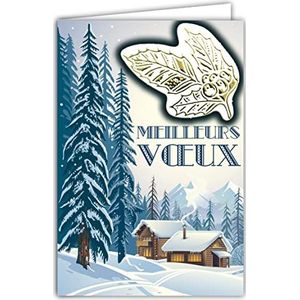 Afie 61-6008 wenskaart met envelop en collage in Relax in goud glanzend, motief ""Happy Year"" met de beste wensen, hutten, dennenbomen, bos onder de sneeuw, bergsport, wintersport
