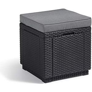 Allibert by Keter Cube, kruk met opbergruimte, grijs, incl. kussen, afneembaar deksel, platte rotanlook, weerbestendig, 42 x 42 x 39 cm
