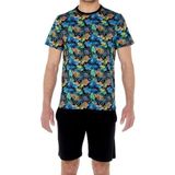 HOM - Reva - Shortama - Katoen - Korte Mouwen - Zwart met Kleurrijke Bloemenprint