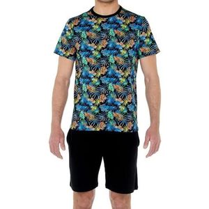 HOM - Reva - Shortama - Katoen - Korte Mouwen - Zwart met Kleurrijke Bloemenprint