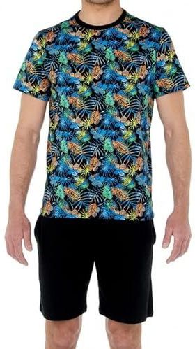 HOM - Reva - Shortama - Katoen - Korte Mouwen - Zwart met Kleurrijke Bloemenprint