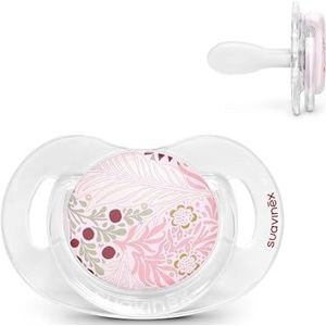 Suavinex, Fopspeen voor pasgeborenen vanaf 18 maanden, fysiologische tin van siliconen SX Pro, plat, symmetrisch en flexibel, voor orale ontwikkeling, met ring, transparant schild, poetry pink