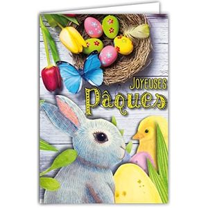 Vrolijk Pasen Party Lente Konijn Kuiken Nest Eieren beschilderd Tulpen Vlinder Illustratie Kinderen Jeugd met Envelop Formaat 12 x 17,5 cm PEFC Papier 300 g glanzend gemaakt in Frankrijk 62-1021