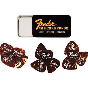 Fender® »FINE ELECTRIC PICK TIN« plectrums in verzameldoos - 12 stuks - celluloid - 351 vorm - 3 diktes - tortoise shell