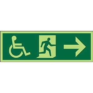 Seco DDA Fire Exit - rolstoel, man loopt rechts, pijl wijzend rechts pictogram teken, 450mm x 150mm - fotoluminescente 1mm semi-stijve kunststof