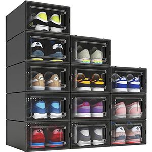 MELDEVO 12 Pack Schoenorganisatordozen, zwarte plastic stapelbare schoenopbergbakken voor kast, ruimtebesparende schoenhouder sneaker vitrine voor middelgrote schoenen