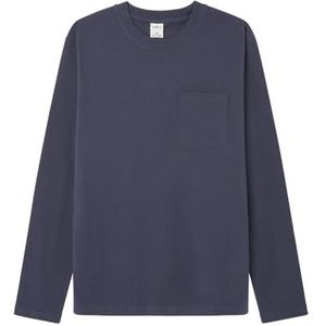 Springfield Heren Reconsider katoenen piqué T-shirt met lange mouwen en borstzak, blauw, M, Blauw, M
