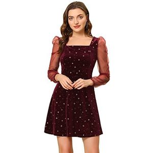 Allegra K Women's Sparkly Glitter Velvet Mesh Sheer Sleeve Star Metallic Dress X-Large Red