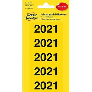 AVERY Zweckform 43-221 jaargetallen stickers voor ordners (etiketten 60x24 mm, opdruk 2021, 100 stickers op 20 vellen, ondoorzichtig, zelfklevend en permanent hechtend), geel