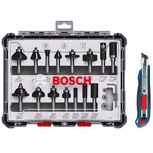 Bosch Professional 15-delige freesset met cuttermes (voor hout, Ø 8 mm schacht, accessoires bovenfrees)