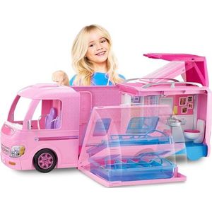 Barbie FBR34 - Camper - Verandert in Speelset met Glijbaan en Zwembad - Draaiend Stuur - Uitklapbare Trap - Badkamer en Keuken - Cadeau voor Kinderen van 3+