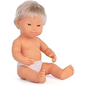 Miniland Dolls: babypop kauwkasisch kind met syndroom Down Blond van zacht vinyl, 38 cm, gepresenteerd in een transparante tas (31233)