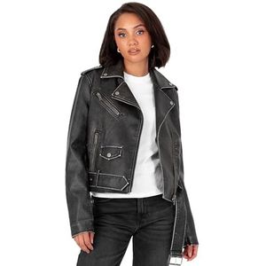 Lovedrobe Dames Biker Jacket Dames Faux Leather Motorcycle Long Sleeve Distressed Asymmetrische Zip Stud Riem Pocket Casual Coat, Zwart 54, zwart, 54