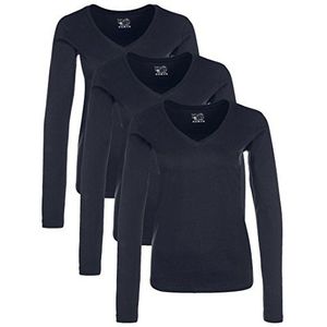 Berydale Dames T-shirt met lange mouwen en V-hals, gemaakt van 100% katoen, Donkerblauw, set van 3, M