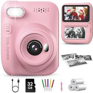 GREENKINDER Instant print voor kinderen, 3,0 inch groot scherm instant camera voor kinderen, 1080P digitale kindercamera met 32 GB kaart en 3 rollen printpapier, cadeau speelgoed selfie voor meisjes