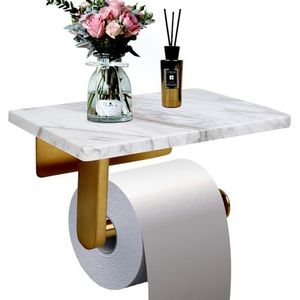 Toiletpapierhouder met natuurlijke marmeren plank voor badkamer wasruimte, wandgemonteerde tissuehouder geschikt voor megarol (geborsteld goud, midden 20 x 12 cm)