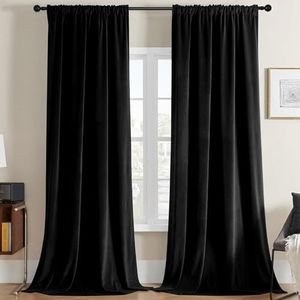 Joydeco Zwarte fluwelen gordijnen 228,6 cm lengte 2 panelen, luxe verduisterende roedezak thermisch geïsoleerde raamgordijnen, super zachte kamer verduisterende gordijnen voor woonkamer, eetkamer