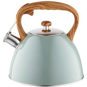 FLORINA Waterkoker (2,5 l) I Roestvrijstalen Theeketel FRANK I Fluitketel met Houten Handvat I Automatisch Fluitje I Voor Inductiekookplaat, Gasfornuis en Elektrisch Fornuis I Kleur: groen mat
