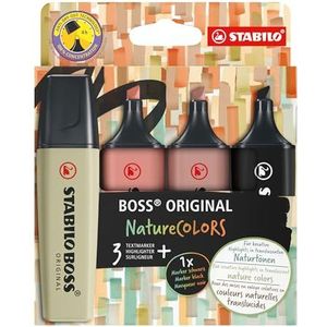 Tekstmarkeerstift - STABILO BOSS ORIGINAL - NatureCOLORS - Etui 4 Stuks - Met 4 Verschillende Kleuren - modder groen, sienna, amber, zwart