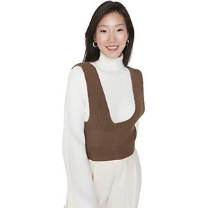 TRENDYOL Trui voor dames, karrée-hals, effen, nauwsluitend, gebreid vest, sweater, bruin, maat S, bruin, S