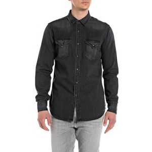 Replay Heren jeanshemd met lange mouwen van katoen, Black Delavè 099, M