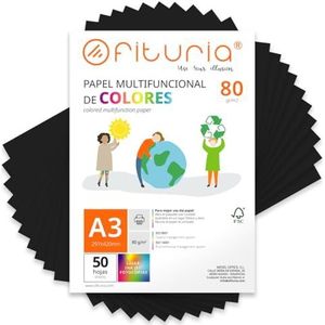 Kleurpapier, verpakking met 50 vellen A3, 80 g, kleurrijk papier voor knutselwerk, printer, scrapbooking, ideaal voor Origami, Papyroflexia, kantoor en school (zwart, 50 h)