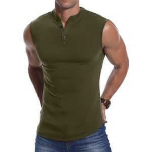 KUYIGO Heren Muscle Vest Mouwloos Henley Vest Fashion T-Shirt Legergroen L