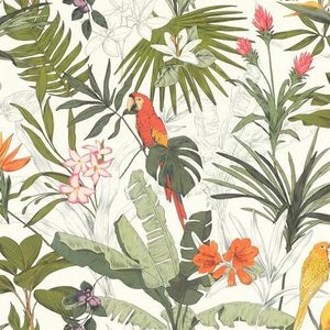 Rasch Behang 689907 - Licht vliesbehang met jungle motief en papegaaien in groen, rood en oranje - 10,05 m x 0,53 m (L x B)