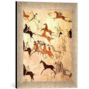 Ingelijst beeld van Indiaans ""Indianen bij paardenvanger/lederen schilderij"", kunstdruk in hoogwaardige handgemaakte fotolijst, 30x40 cm, zilver raya